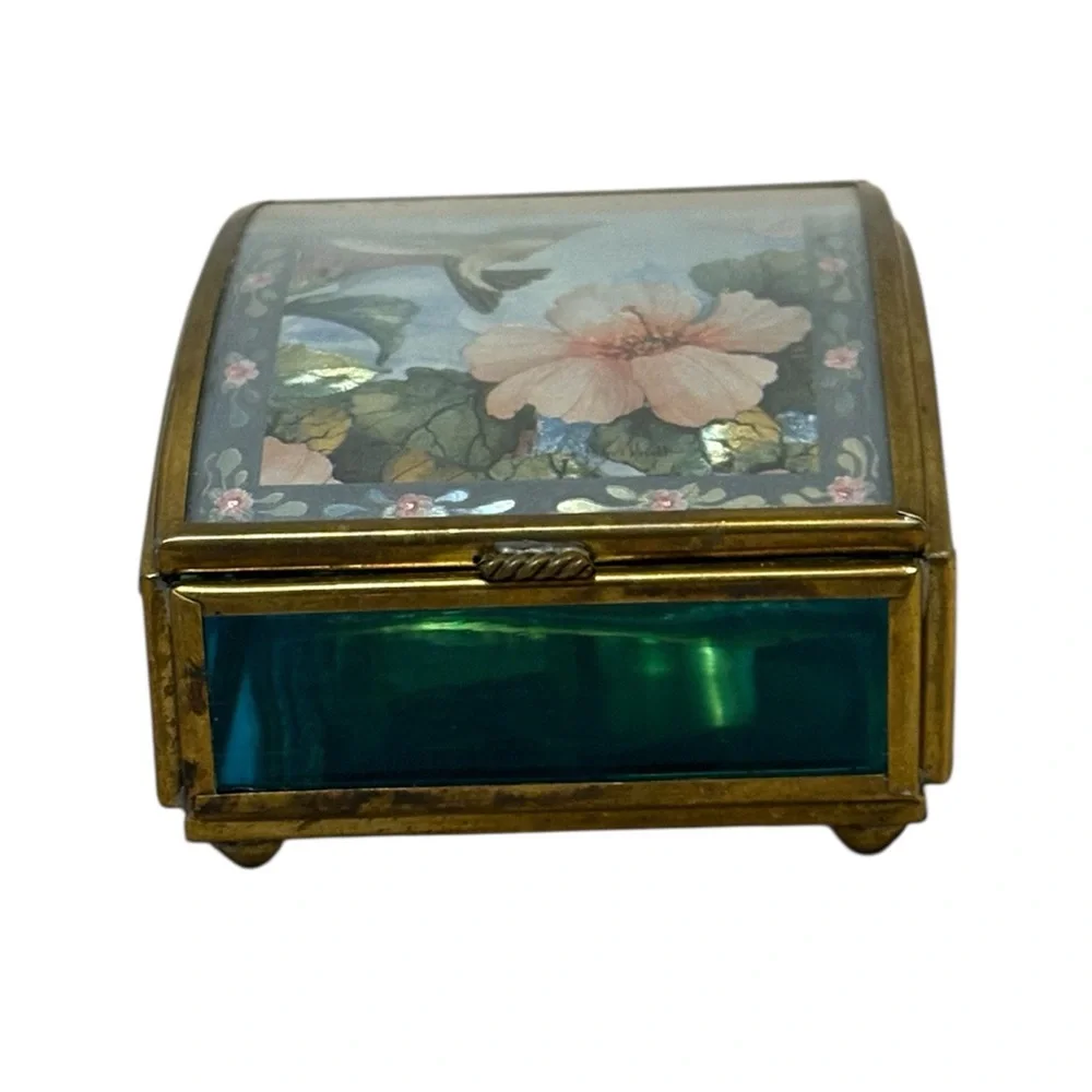 VTG Enesco Glass and Brass Jewelry Trinket Music Box With Floral & Hummingbirds